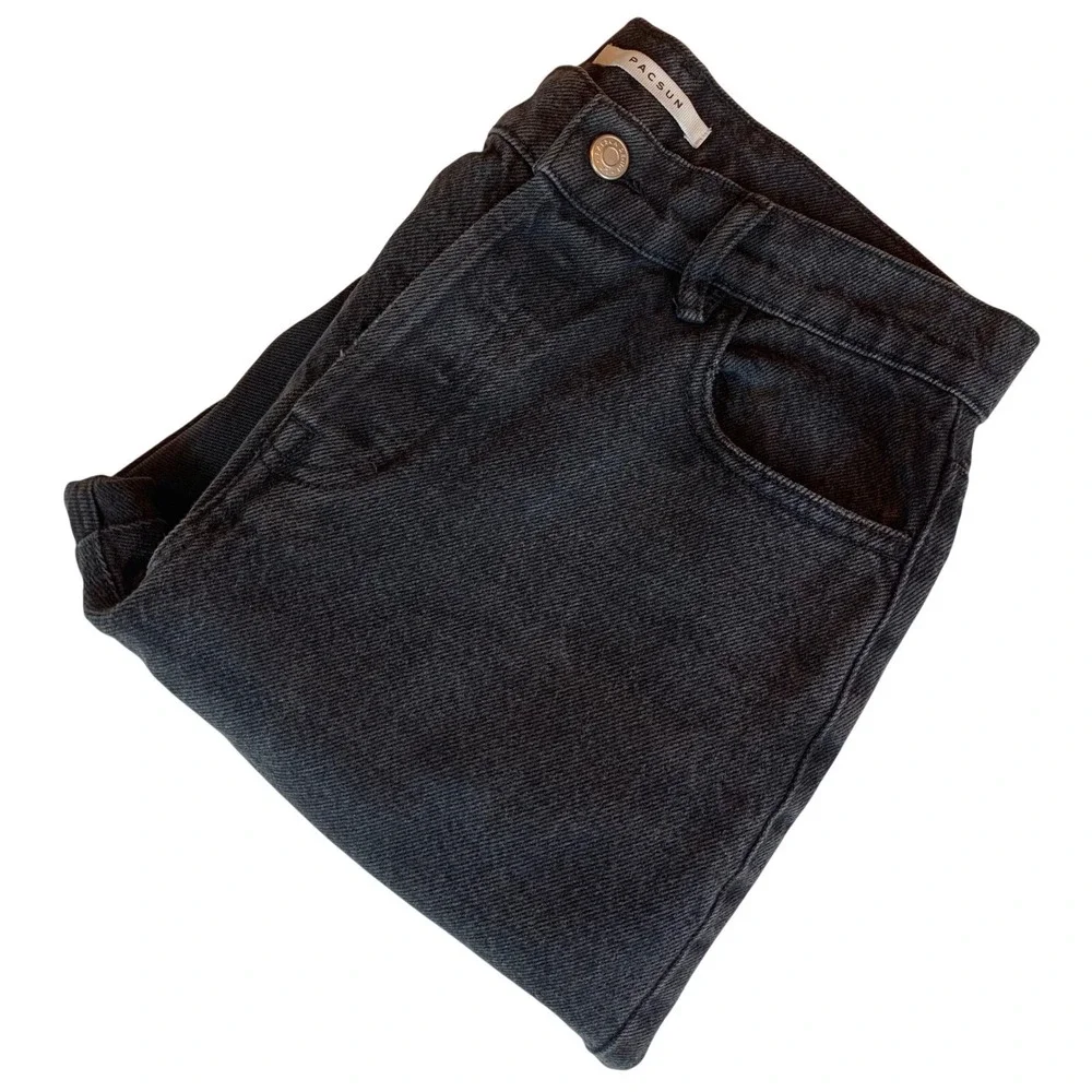 PacSun High Rise Straight Leg Jeans Womens 28 Black Frayed Hem Button Fly Denim‎